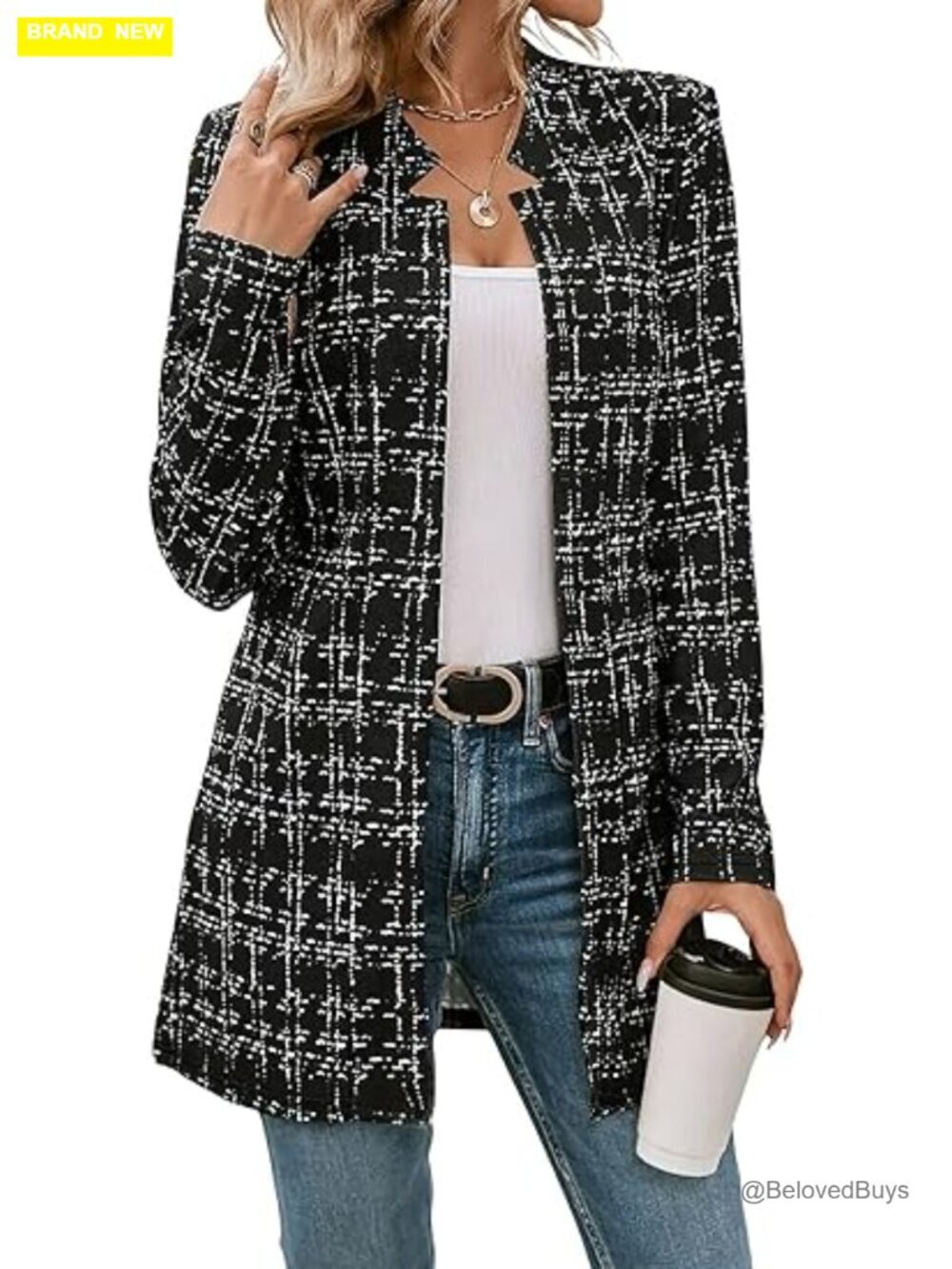 Women's Slim Notched Plaid Tweed Blazer Open Front Long Sleeve Thigh Length